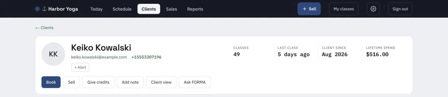 Client profile showing classes taken, last visit, client since, and lifetime spend, with Book, Sell, Give credits, and Add note buttons