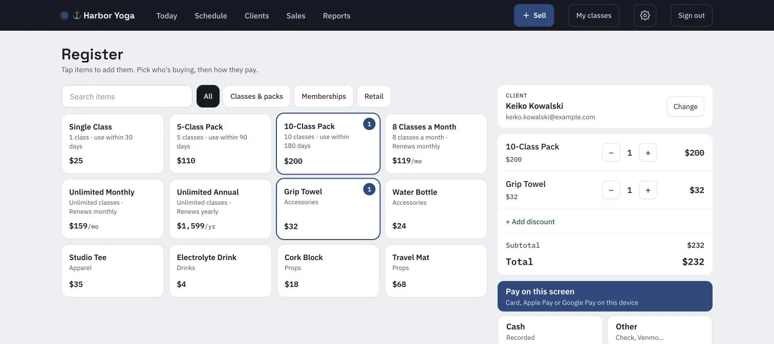 Front-desk register with class packs, memberships, and retail items, and a cart for a client