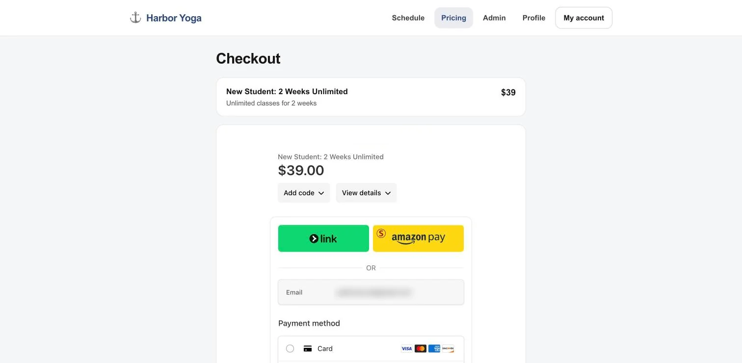 Online checkout for a new-student offer with fast-pay buttons and card payment