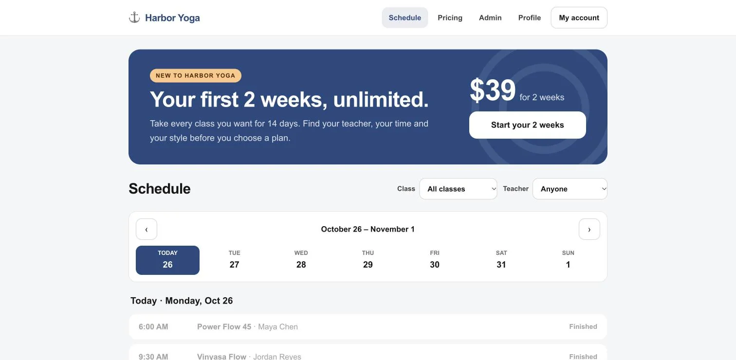 A studio's own booking page with its intro offer and weekly schedule