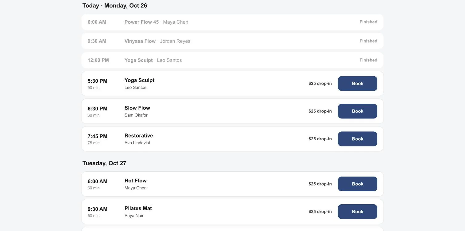 Public class schedule showing drop-in prices and Book buttons